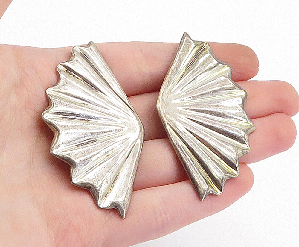 MEXICO 925 Sterling Silver Vintage Shiny Fan Style Non Pierce Earrings EG2235
