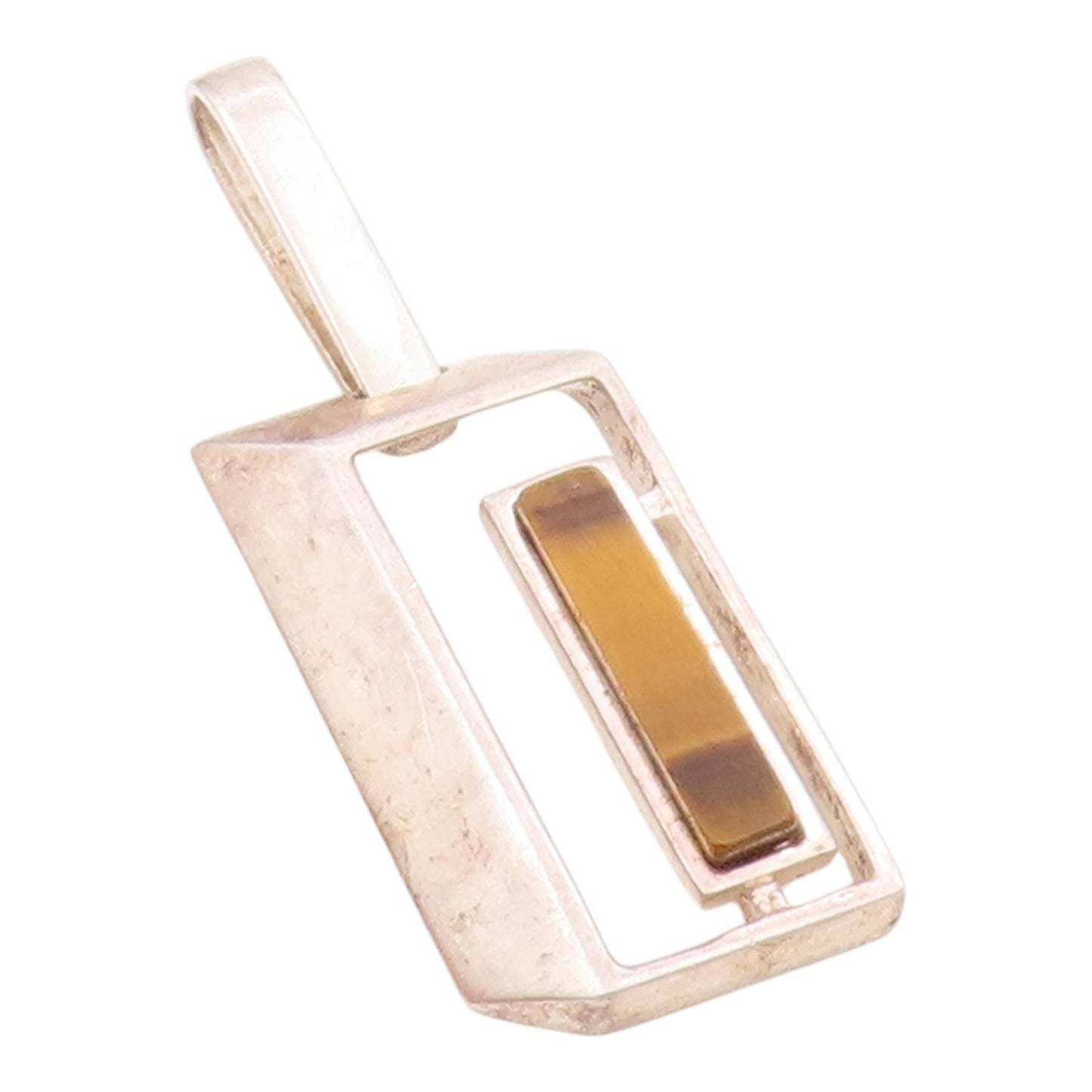 925 Sterling Silver  Vintage Open 3D Rectangle & Tiger's Eye Pendant  PT21816