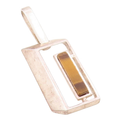 925 Sterling Silver  Vintage Open 3D Rectangle & Tiger's Eye Pendant  PT21816
