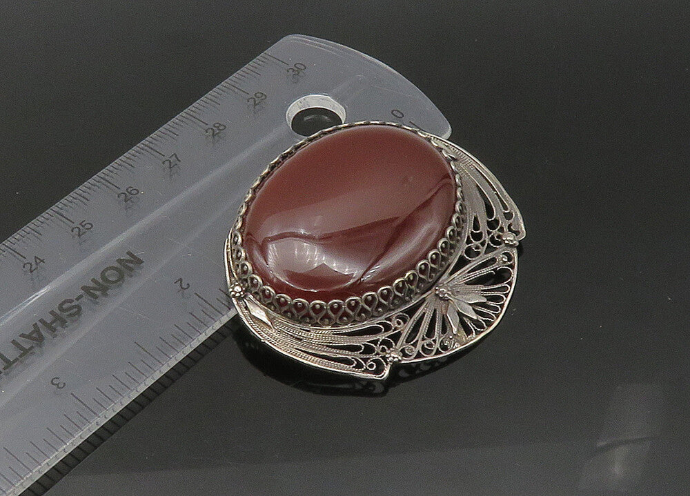 EUROPEAN 925 Sterling Silver  Vintage Carnelian Floral Brooch Pin  BP8680