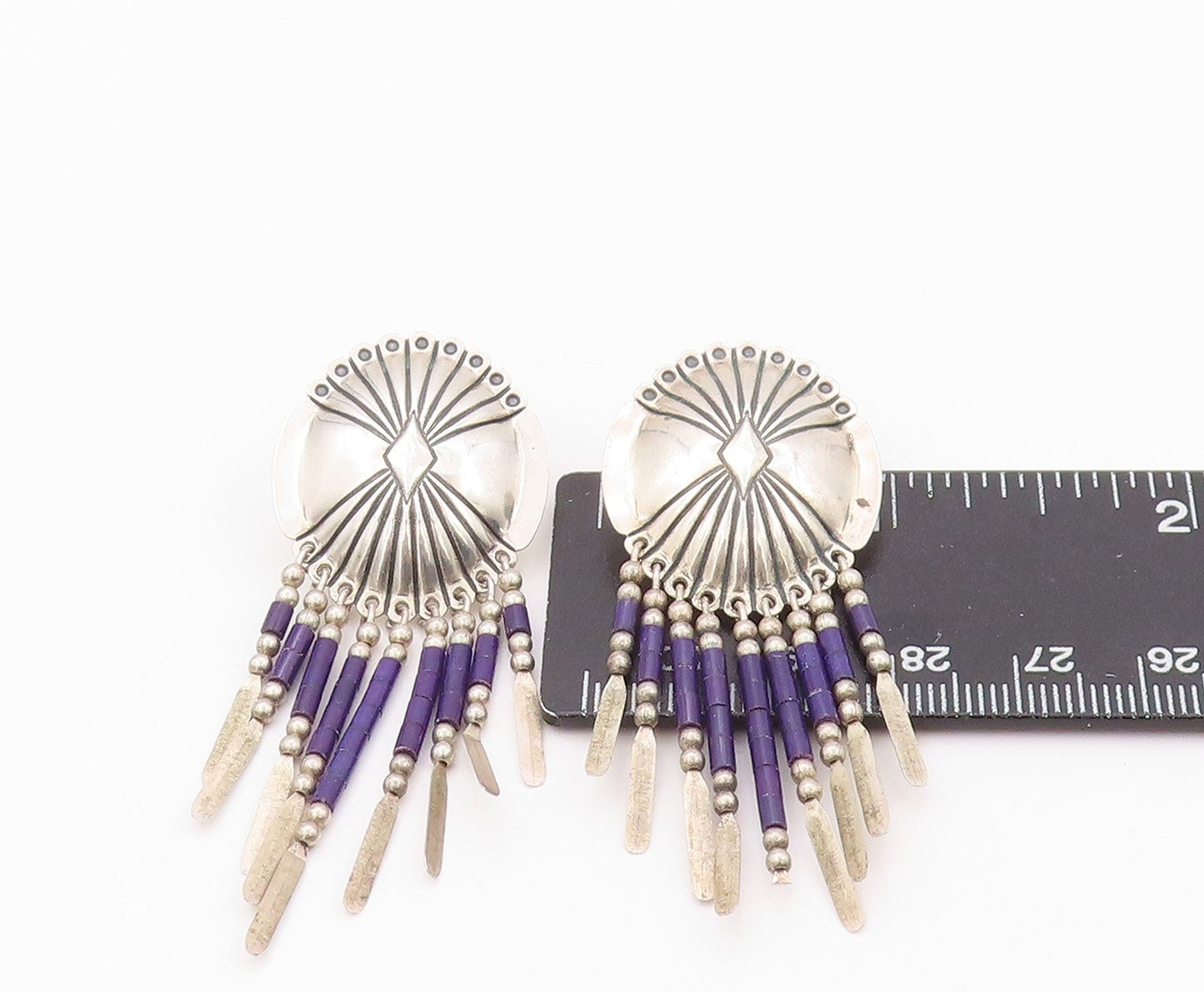 925 Sterling Silver Vintage Earrings NAVAJO Trible Design Etched Dangles EG13482