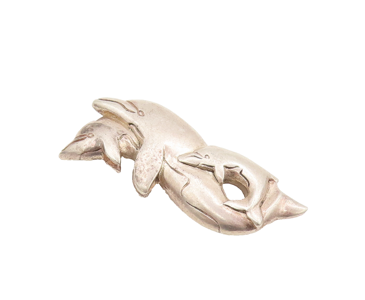 925 Sterling Silver Vintage Brooch Pin Carved Swimming Dolphin's Family  BP10609