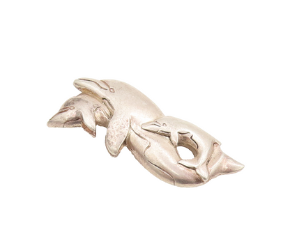 925 Sterling Silver Vintage Brooch Pin Carved Swimming Dolphin's Family  BP10609