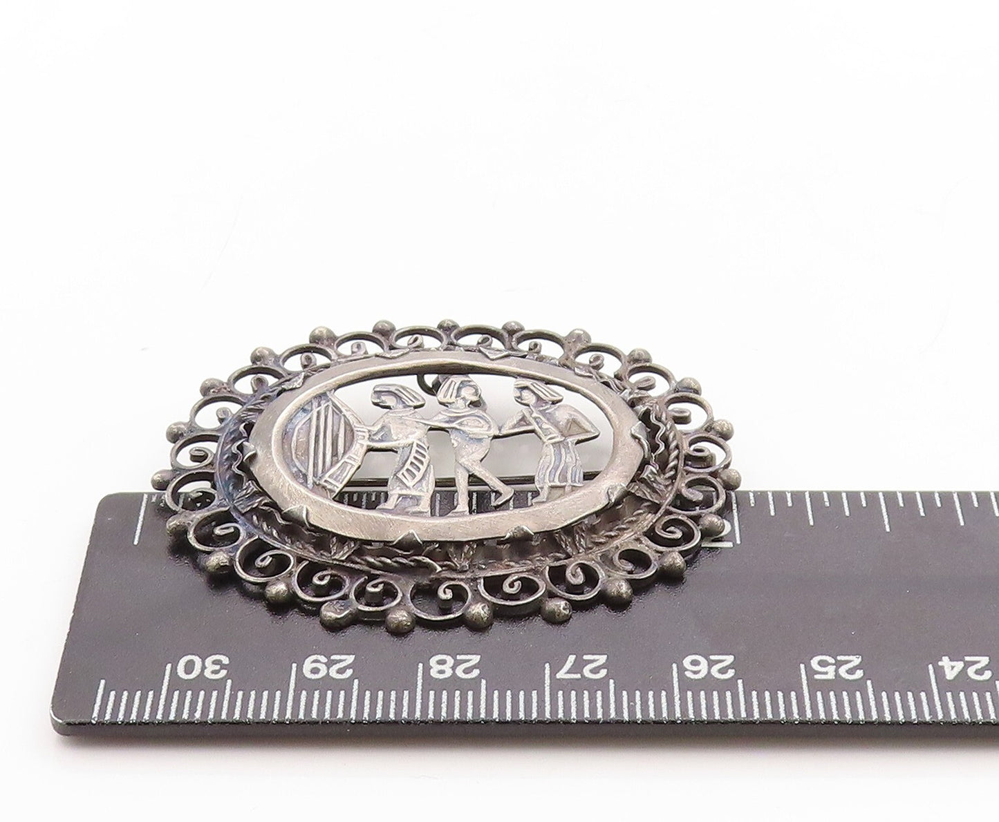 925 Sterling Silver Vintage Brooch Pin Dark Tone Trible Figures Carved  BP11335