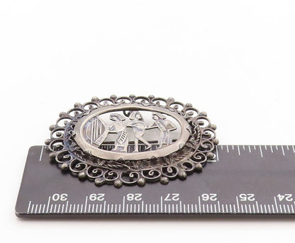 925 Sterling Silver Vintage Brooch Pin Dark Tone Trible Figures Carved  BP11335