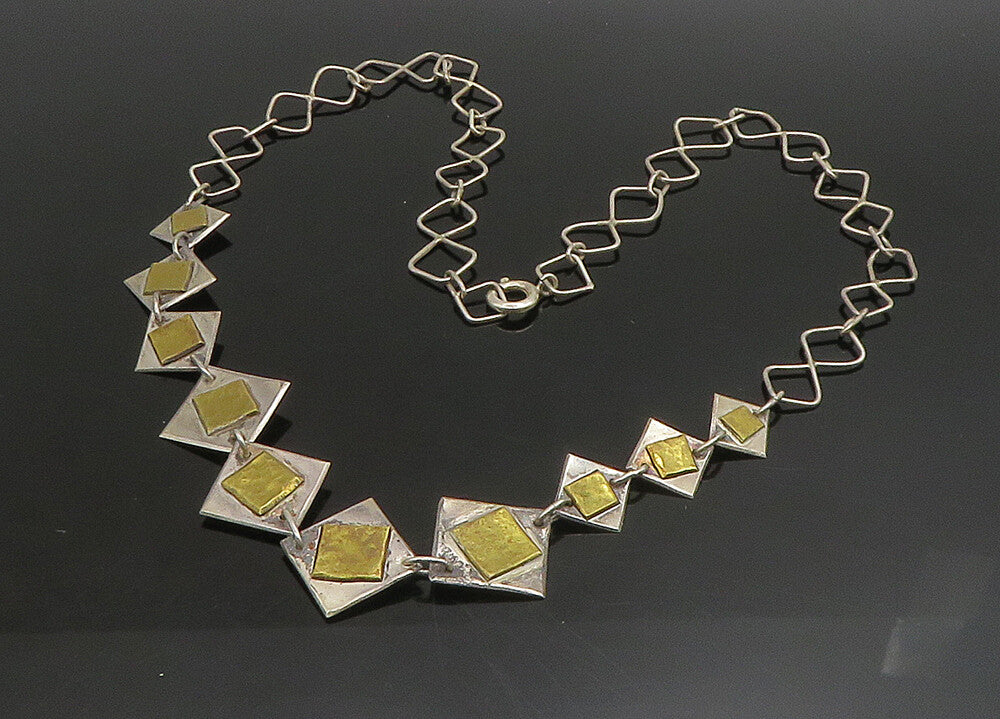925 Sterling Silver  Vintage Two Tone Square Link Chain Necklace  NE3746