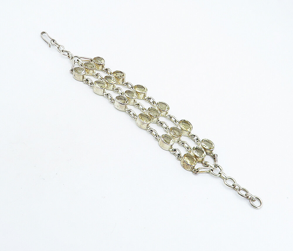 925 Sterling Silver  Vintage Yellow Topaz Three Row Chain Bracelet  BT3150