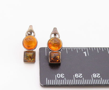 925 Sterling Silver Vintage Earrings Bold Cabochon Amber Geometric Drop  EG14367