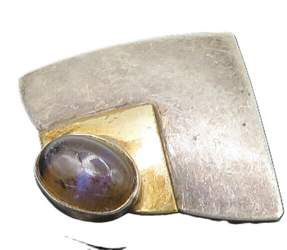 925 Silver & 14K GOLD  Vintage Cabochon Cut Stone Two Tone Pendant  PT18640