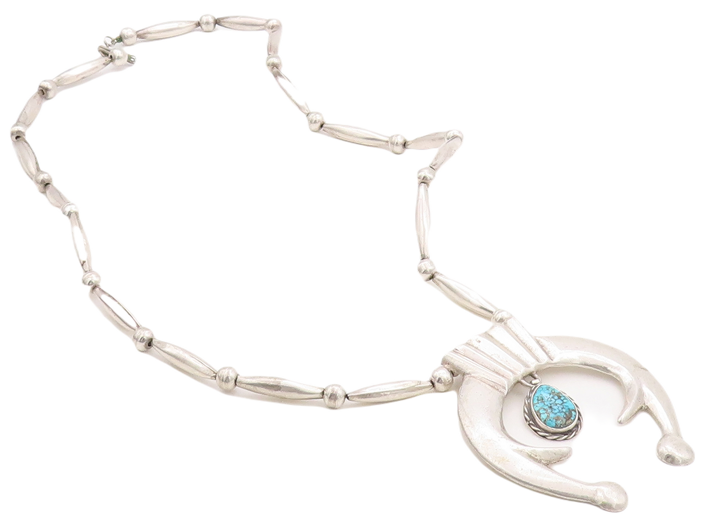 925 Sterling Silver Vintage Necklace NAVAJO ZUNI Large Carved Turquoise  NE4366