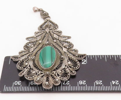 925 Sterling Silver Vintage Pendant Oval Malachite Large Floral Filigree PT25845