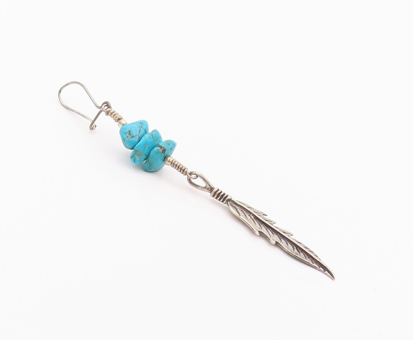 925 Sterling Silver Vintage Earrings NAVAJO Turquoise Carved Feather  EG13487