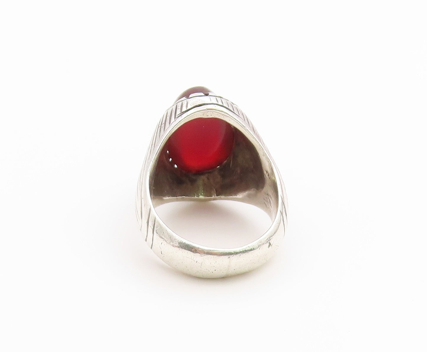 925 Sterling Silver Vintage Ring Cabochon Carnelian Grooved Band Sz 11.5 RG36707