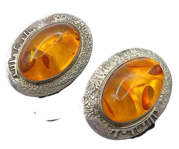 DESIGNER 925 Sterling Silver  Vintage Cabochon Cut Amber Drop Earrings  EG9543