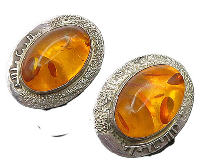 DESIGNER 925 Sterling Silver  Vintage Cabochon Cut Amber Drop Earrings  EG9543