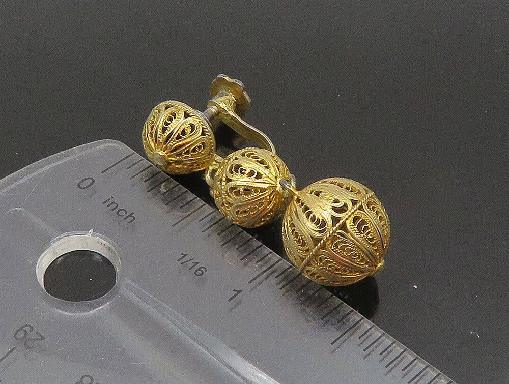 925 Sterling Silver  Vintage Triple Sphere Filigree Dangle Earrings  EG11490