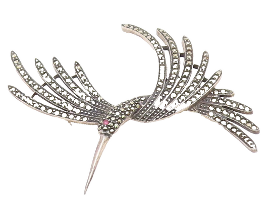 925 Sterling Silver  Vintage Marcasite & Pink Topaz Bird Brooch Pin  BP3817