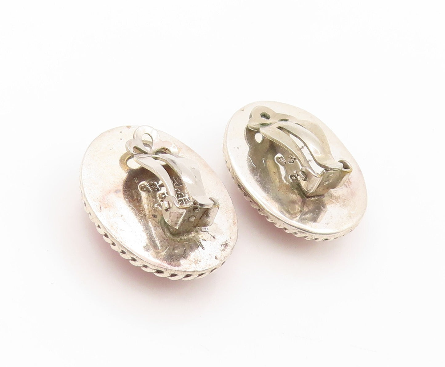 925 Sterling Silver Vintage Earrings MEXICO Oval Gemstone Roped Border EG13370