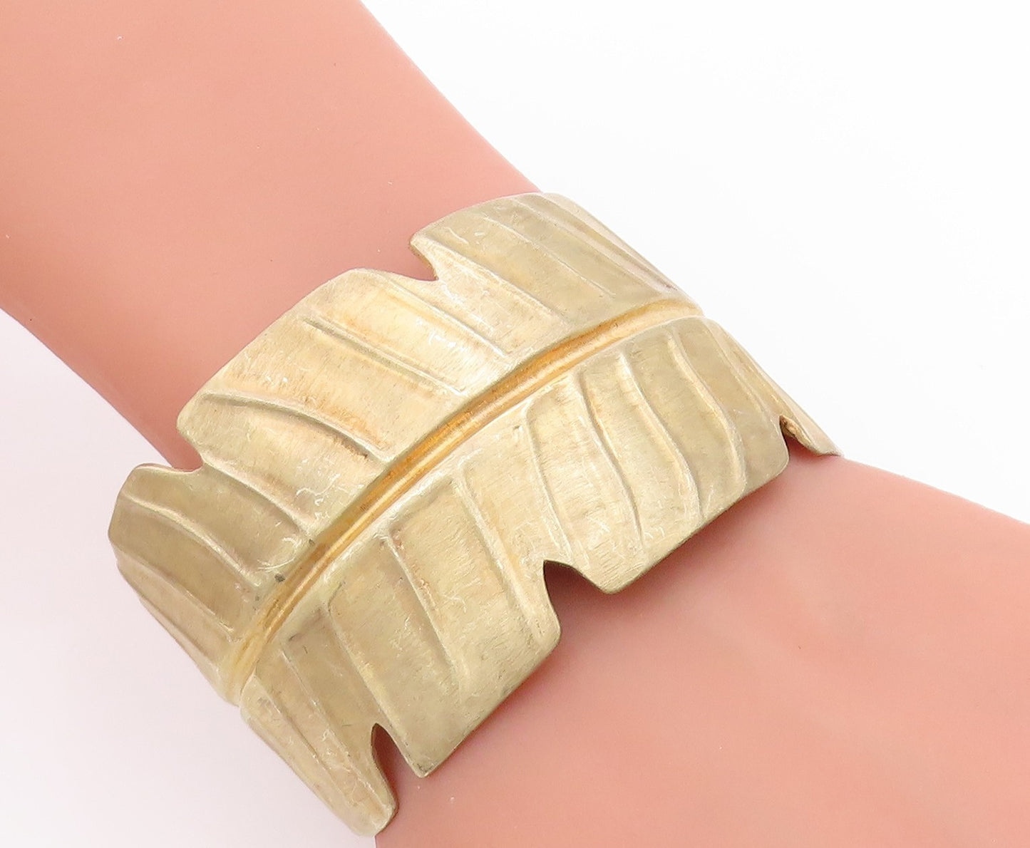 925 Sterling Silver Vintage Bracelet Gold Plated Feather Leaf Wide Cuff  BT11657