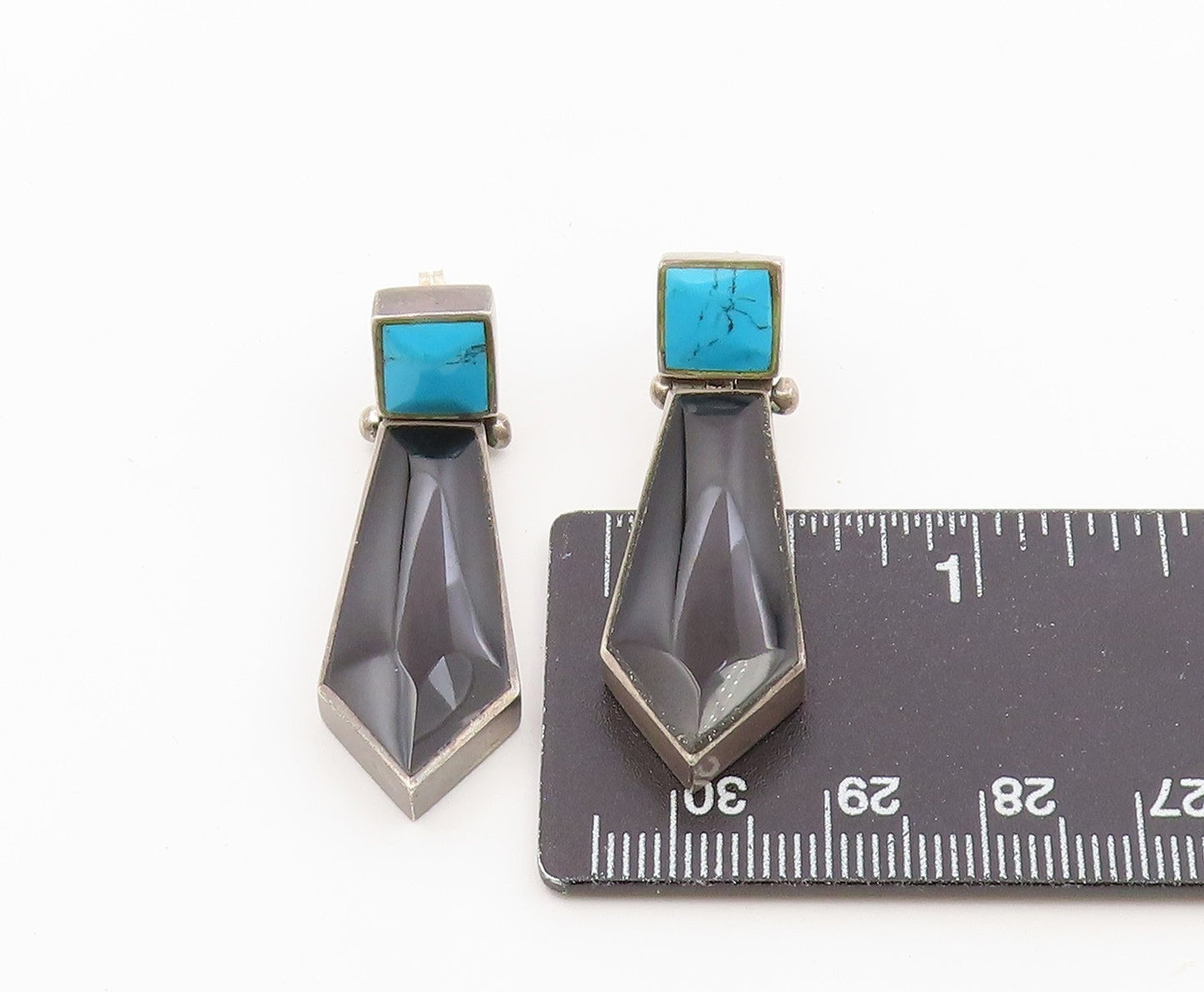 925 Sterling Silver Vintage Earrings Turquoise & Onyx Geometric Drop  EG14498
