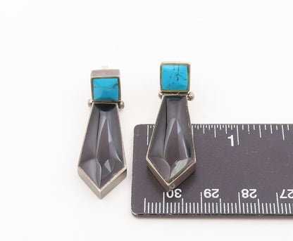 925 Sterling Silver Vintage Earrings Turquoise & Onyx Geometric Drop  EG14498