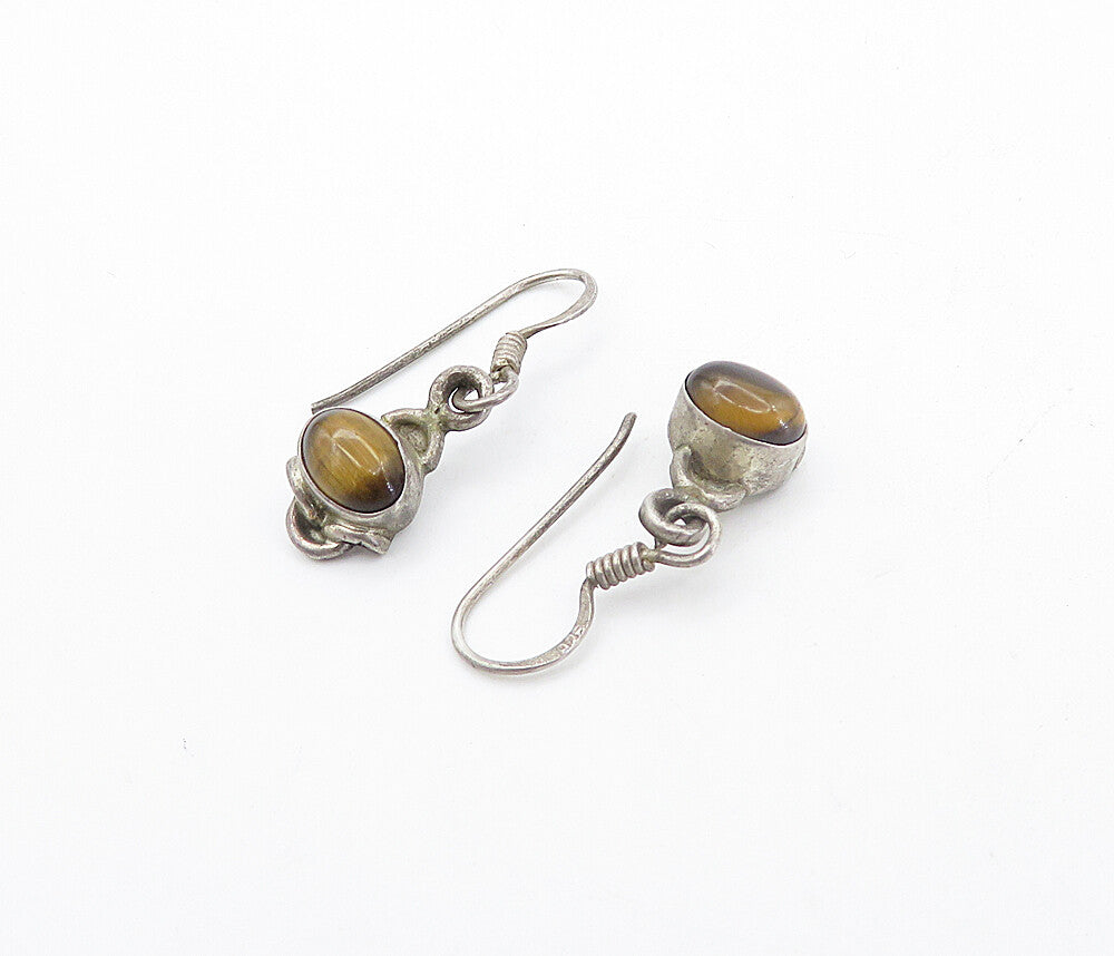 925 Sterling Silver  Vintage Cabochon Cut Tiger's Eye Dangle Earrings  EG3634
