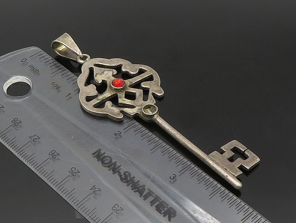 MEXICO 925 Sterling Silver  Vintage Red Stone Dark Tone Key Pendant  PT19831