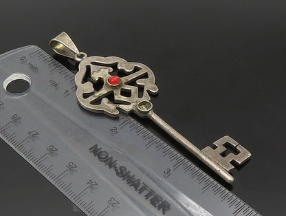 MEXICO 925 Sterling Silver  Vintage Red Stone Dark Tone Key Pendant  PT19831
