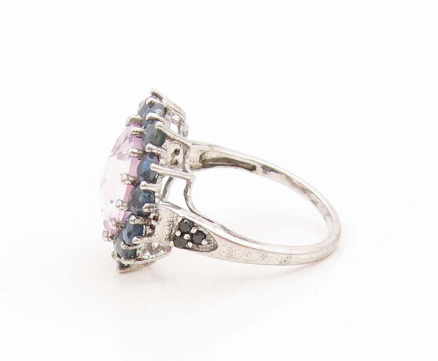 925 Sterling Silver Vintage Ring Rose Quartz & Halo Sapphire Band  Sz 8  RG36191