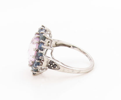 925 Sterling Silver Vintage Ring Rose Quartz & Halo Sapphire Band  Sz 8  RG36191