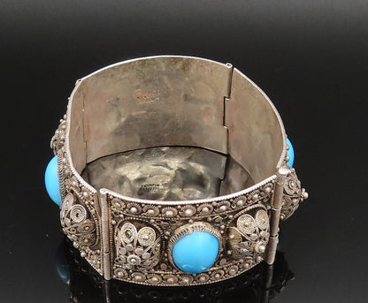 ISRAEL 925 Silver  Vintage 3D Spiral Floral Turquoise Link Bracelet  BT9577