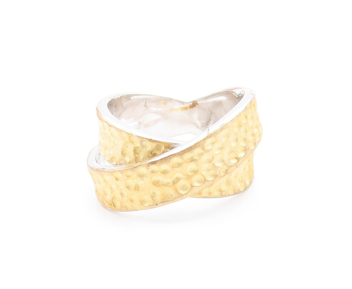925 Sterling Silver Vintage Ring Two Tone Hammered Crossover Band  Sz 7  RG36089