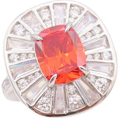 925 Sterling Silver Vintage Ring Rectangle Orange Halo White CZ Sz 7  RG30729