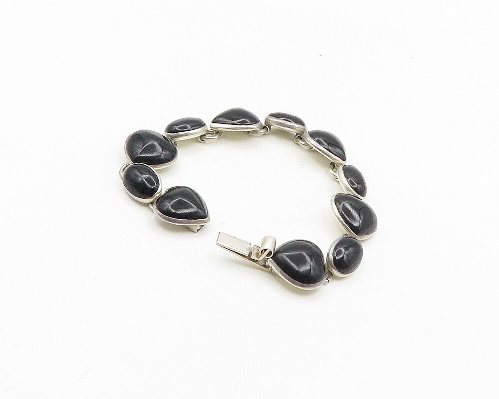 MEXICO 925 Sterling Silver  Vintage Black Onyx Hearts Chain Bracelet  BT7458