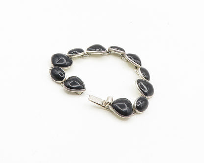 MEXICO 925 Sterling Silver  Vintage Black Onyx Hearts Chain Bracelet  BT7458