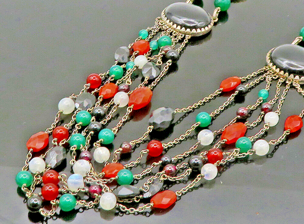 925 Sterling Silver  Vintage Onyx Carnelian & Moonstone Chain Necklace  NE3769