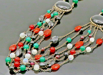925 Sterling Silver  Vintage Onyx Carnelian & Moonstone Chain Necklace  NE3769