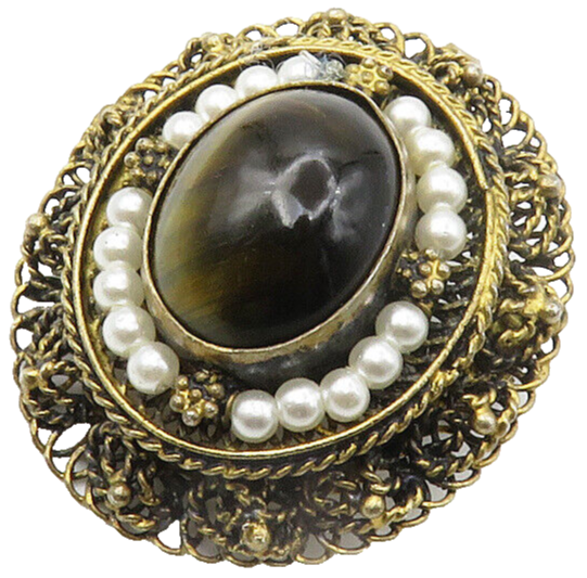 ISRAEL 925 Silver  Vintage Tiger's Eye & Petite Pearls Twist Brooch Pin BP5458