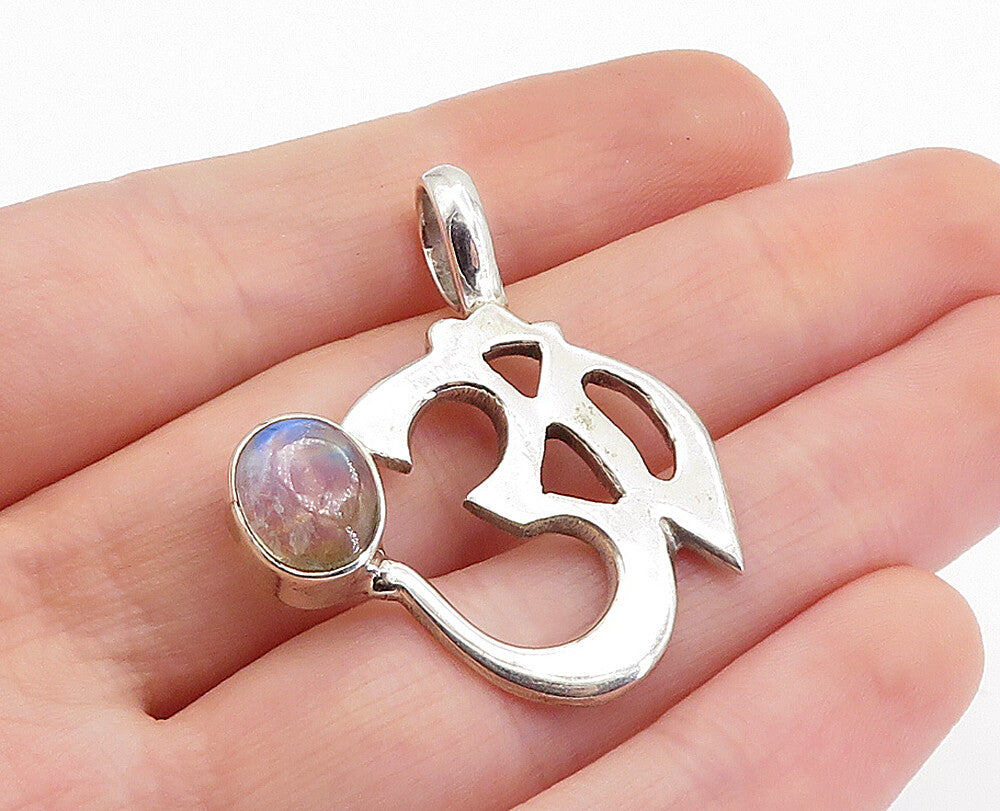 925 Sterling Silver  Cabochon Moonstone Om Spiritual Symbol Pendant  PT5944