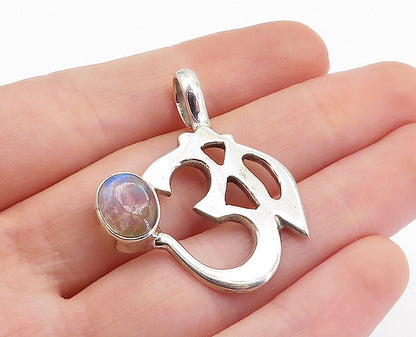 925 Sterling Silver  Cabochon Moonstone Om Spiritual Symbol Pendant  PT5944