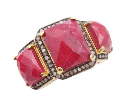 925 Sterling Silver Vintage Ring Diamonds Frame & Red Gemstones  Sz 5  RG30229