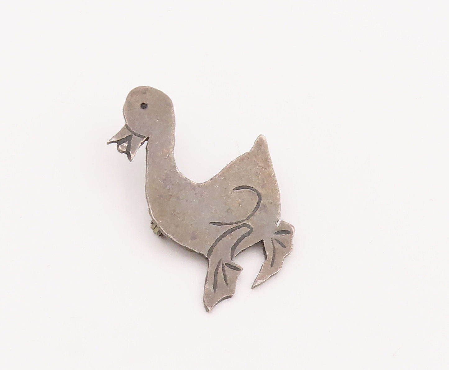 925 Sterling Silver Vintage Brooch Pin Solid Etched Happy Walking Duck  BP11045