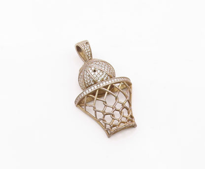 925 Sterling Silver  Vintage Topaz Basketball & Hoop Sports Pendant  PT10131