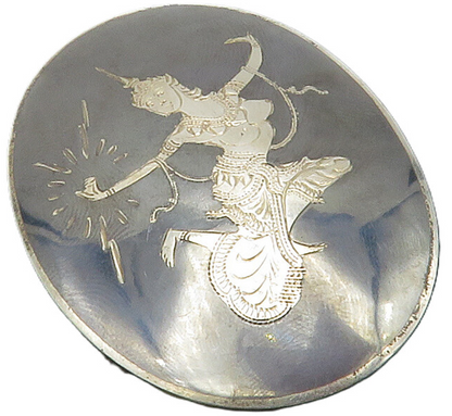 SIAM 925 Sterling Silver  Vintage Enamel Niello Dancer Oval Brooch Pin  BP5081