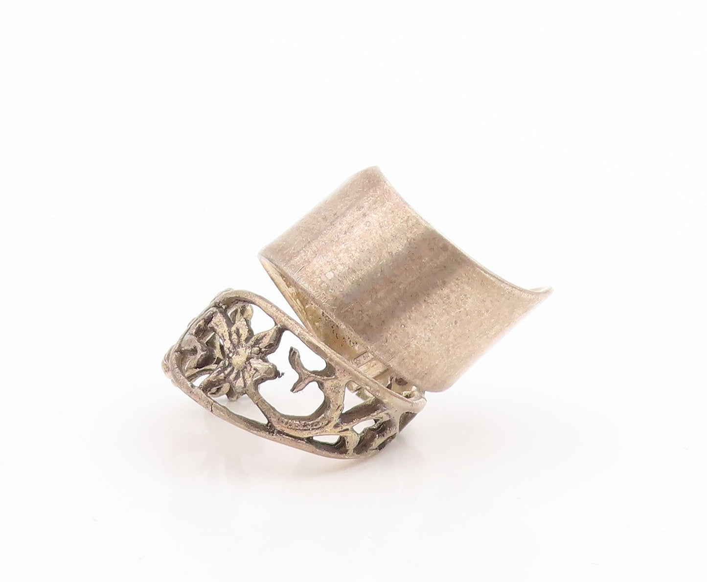 925 Sterling Silver Vintage Ring Openwork Flower Motif Cuff Band  Sz 10  RG33787
