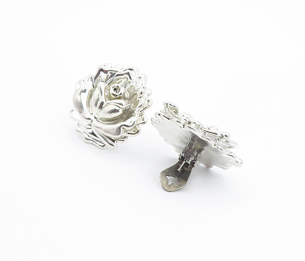 925 Sterling Silver  Vintage Shiny Sculpted Flower Non Pierce Earrings  EG3052