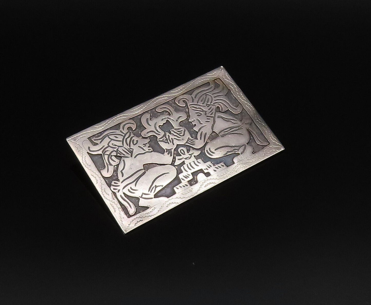 GUATEMALA 925 Silver  Vintage Carved Warriors Quetzal Brooch Pin  BP9881
