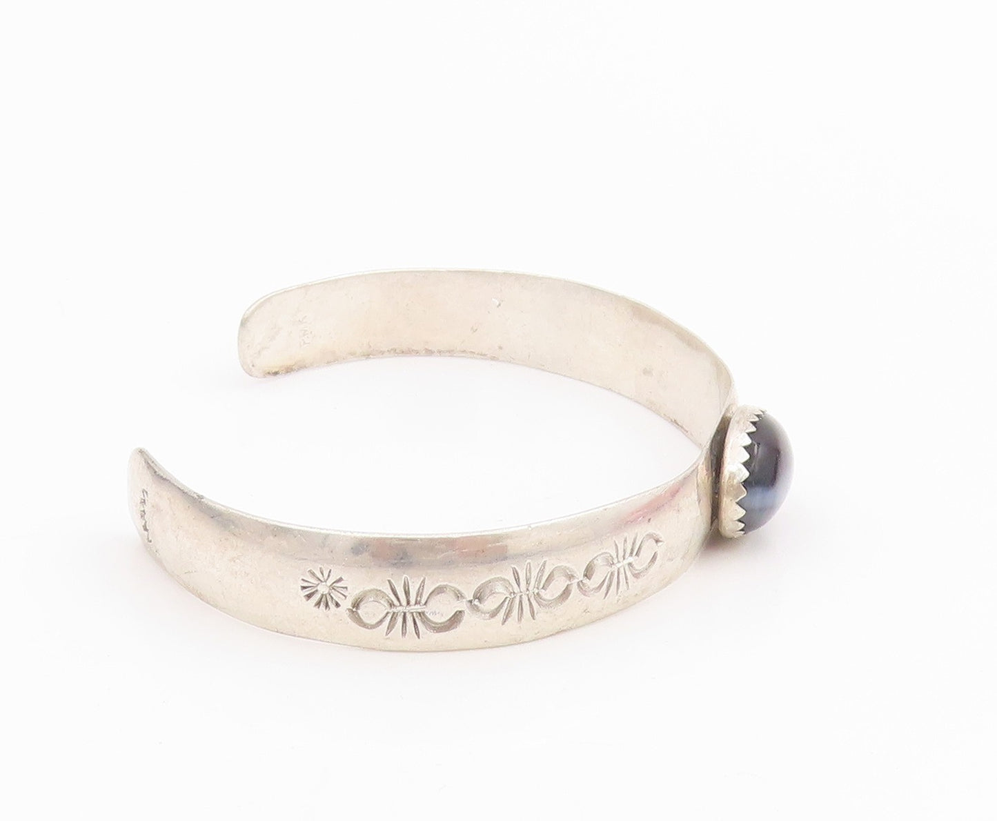 925 Sterling Silver Vintage Bracelet Oval Cabochon Cat Eye Etched Cuff  BT11635
