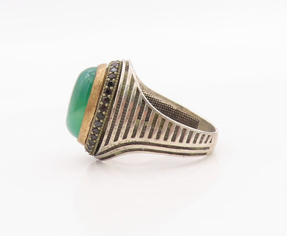925 Sterling Silver Vintage Ring Cabochon Green Onyx & Spinel  Sz 12  RG36290
