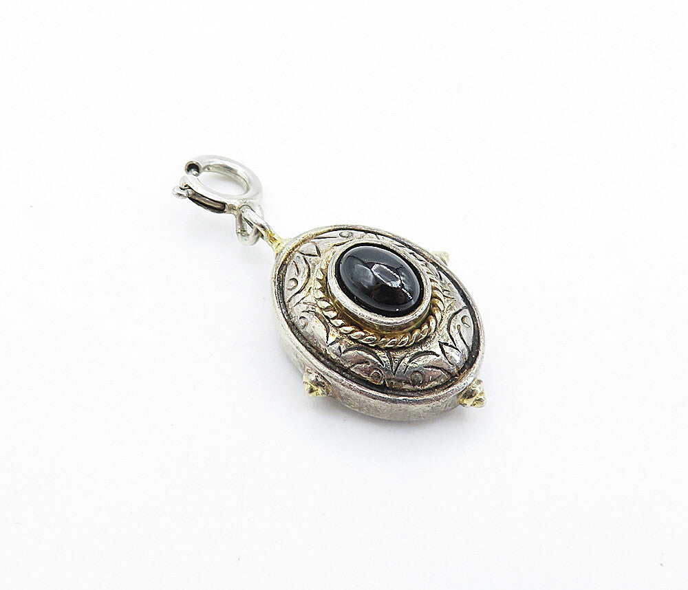 925 Sterling Silver  Vintage Black Hematite Two Tone Floral Pendant  PT4125